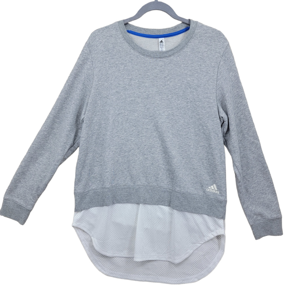 Adidas Womens Size Large Pullover Top Gray Crew Neck Long Sleeve Mesh Round Hem